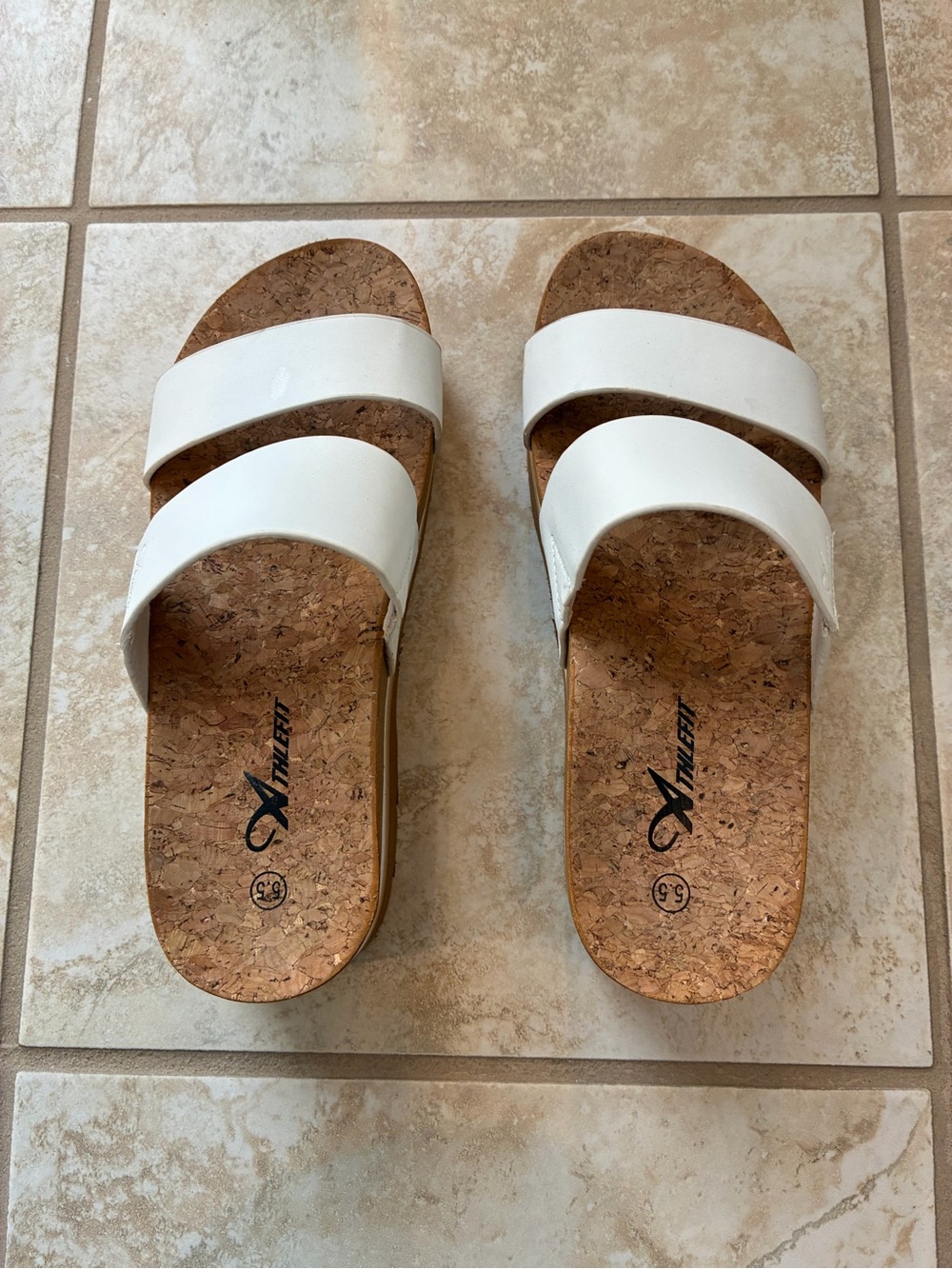 White Double-Strap Cork Slide Sandals by Athlefit